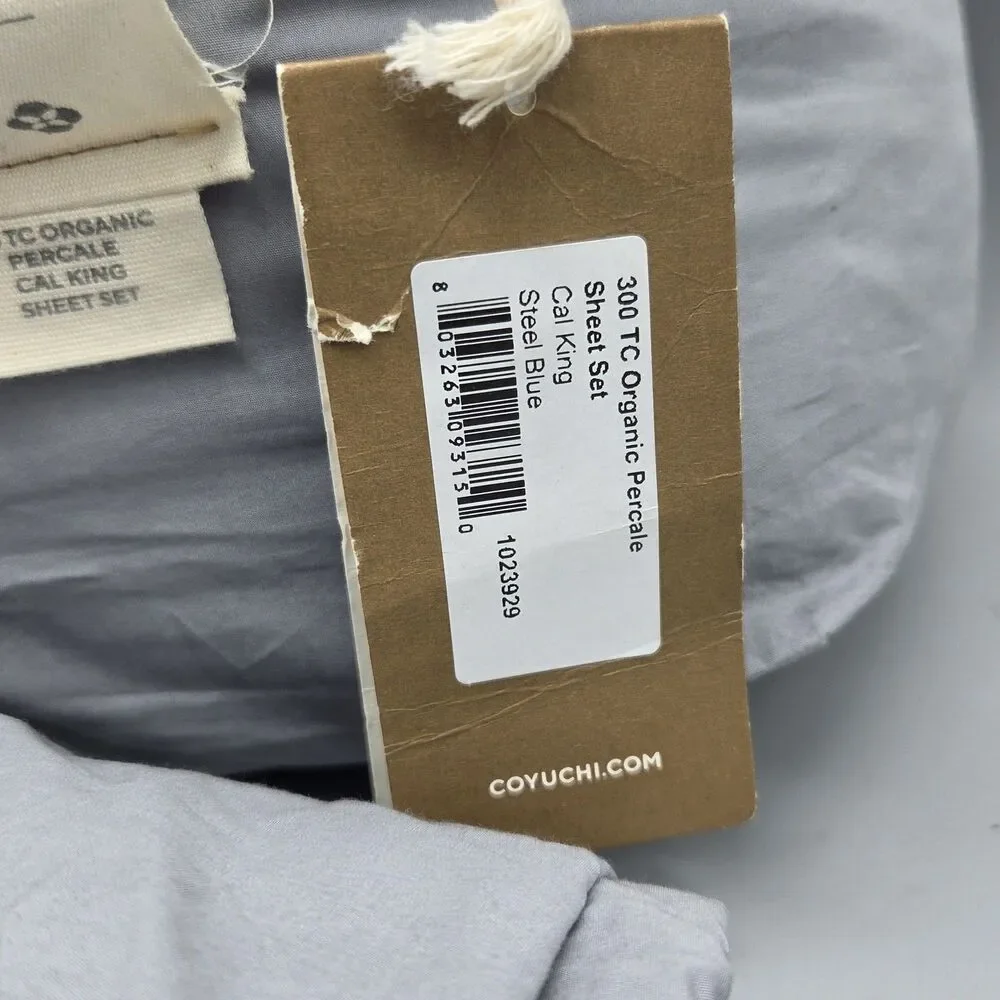 Coyuchi 100% Organic Percale Cotton Cal-King Sheet Set Steel Blue 300TC GOTS New